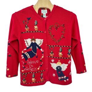 Quacker‎ Factory Red Holiday Christmas Folk Art Angels Cardigan Country Med